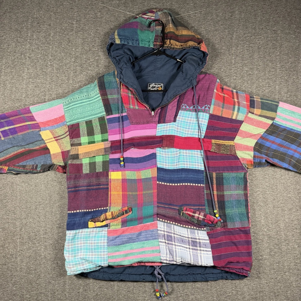 JouJou Americas Favorite Patchwork Plaid Hooded Jacket Half Zip Boho Women’s L